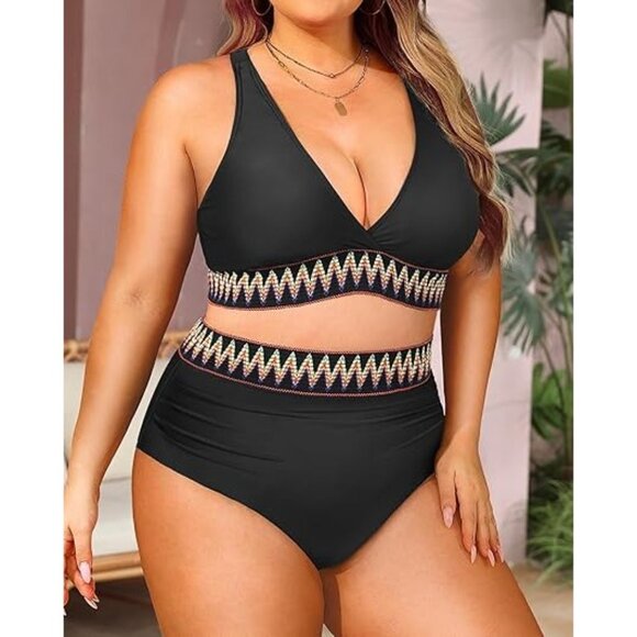 Two Piece V-Neck Tummy Control High Waisted Swimsuit Bikini Set Size16W - Picture 5 of 13